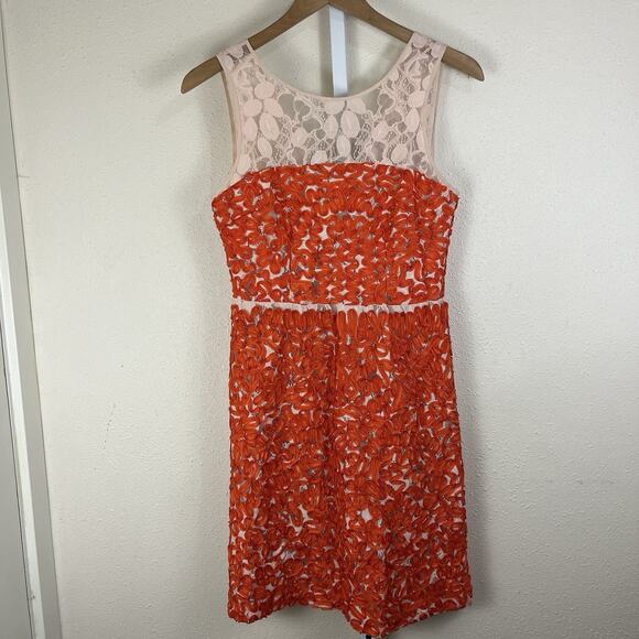 Trina Turk Camilla Sheath Dress Size 0 Orange Silk Ribbons Nude Lace Lined - Picture 2 of 6